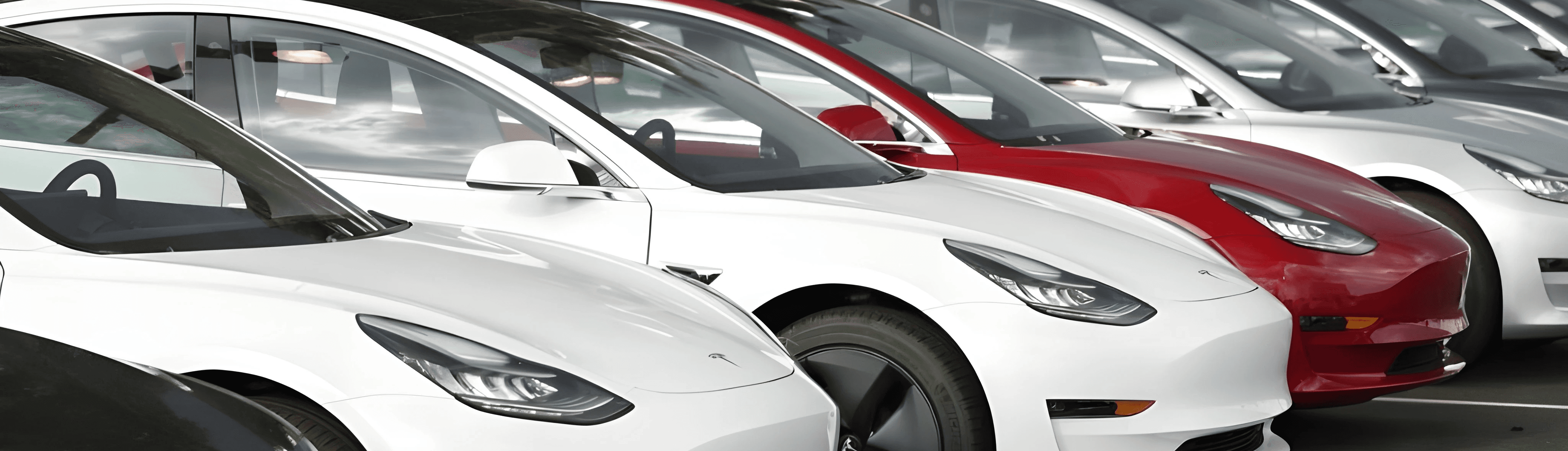 Gamme de Tesla Model 3 stationnées côte à côte, aperçu de plusieurs couleurs de carrosserie sur parking
