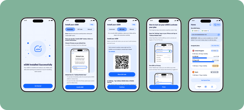 HERO app eSIM installation walkthrough showing success, instructions, QR, and activation screens.