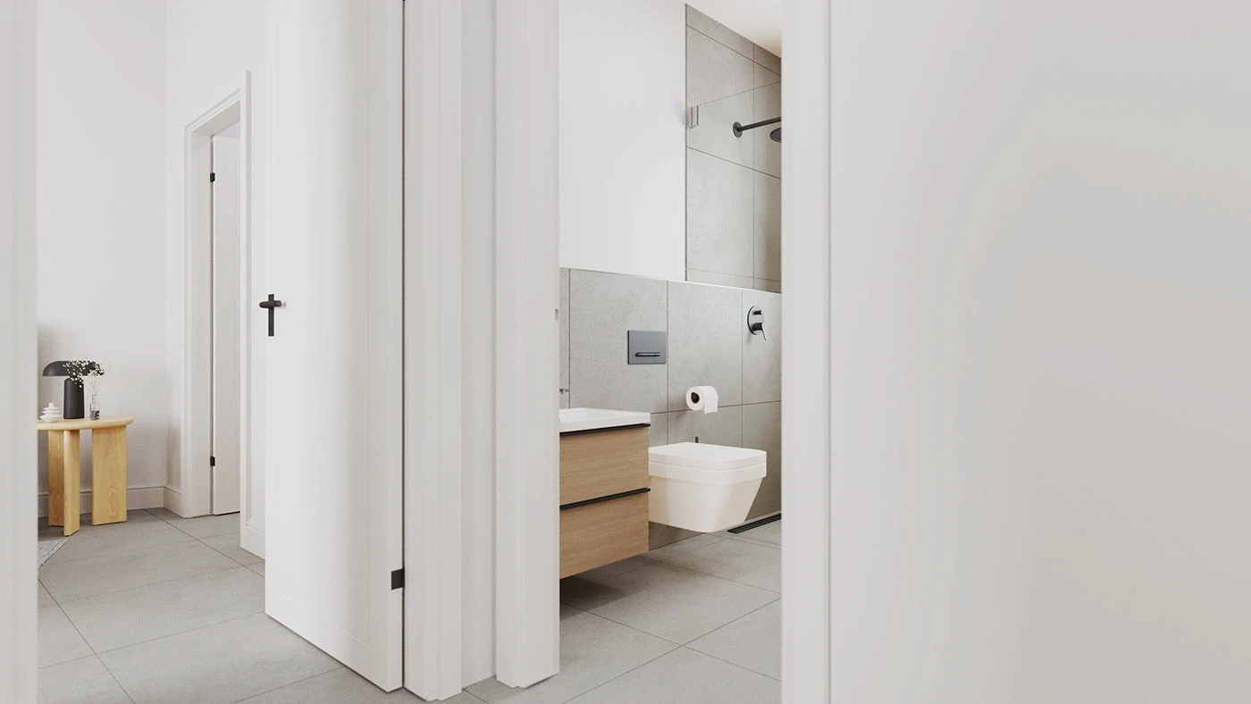 Modern luxury bathroom with walk-in shower, floating wooden vanity, white fixtures, chrome accents, and floor-to-ceiling windows providing natural light