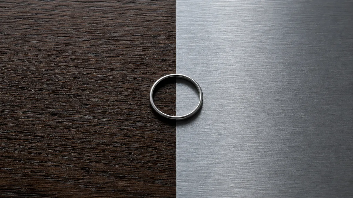 Plain silver-toned ring resting across the seam between dark oak and brushed steel