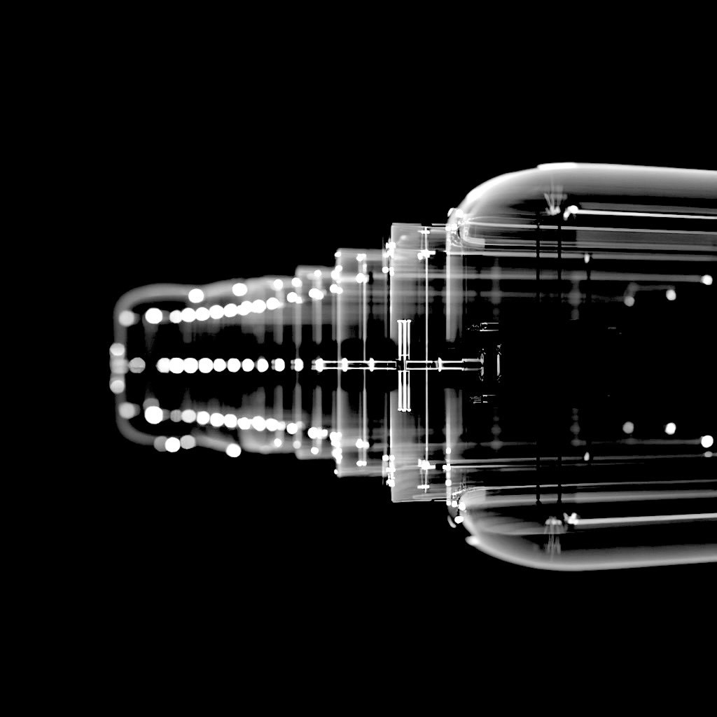 Abstract black-and-white close-up of a transparent cylindrical structure with repeating illuminated lines and reflections against a black background.