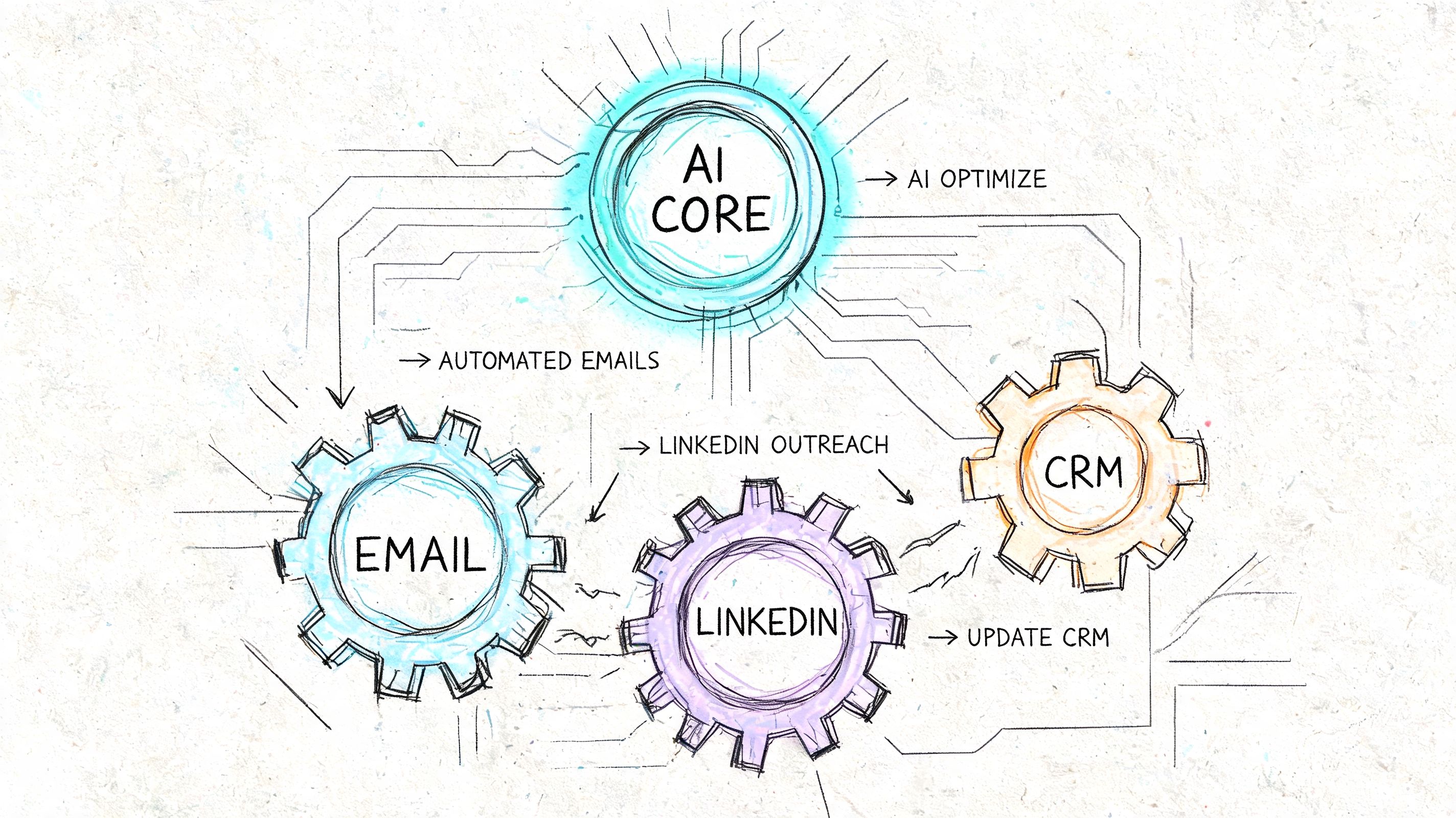 A digital illustration showing an AI core connected to email, LinkedIn, and CRM automated business systems.