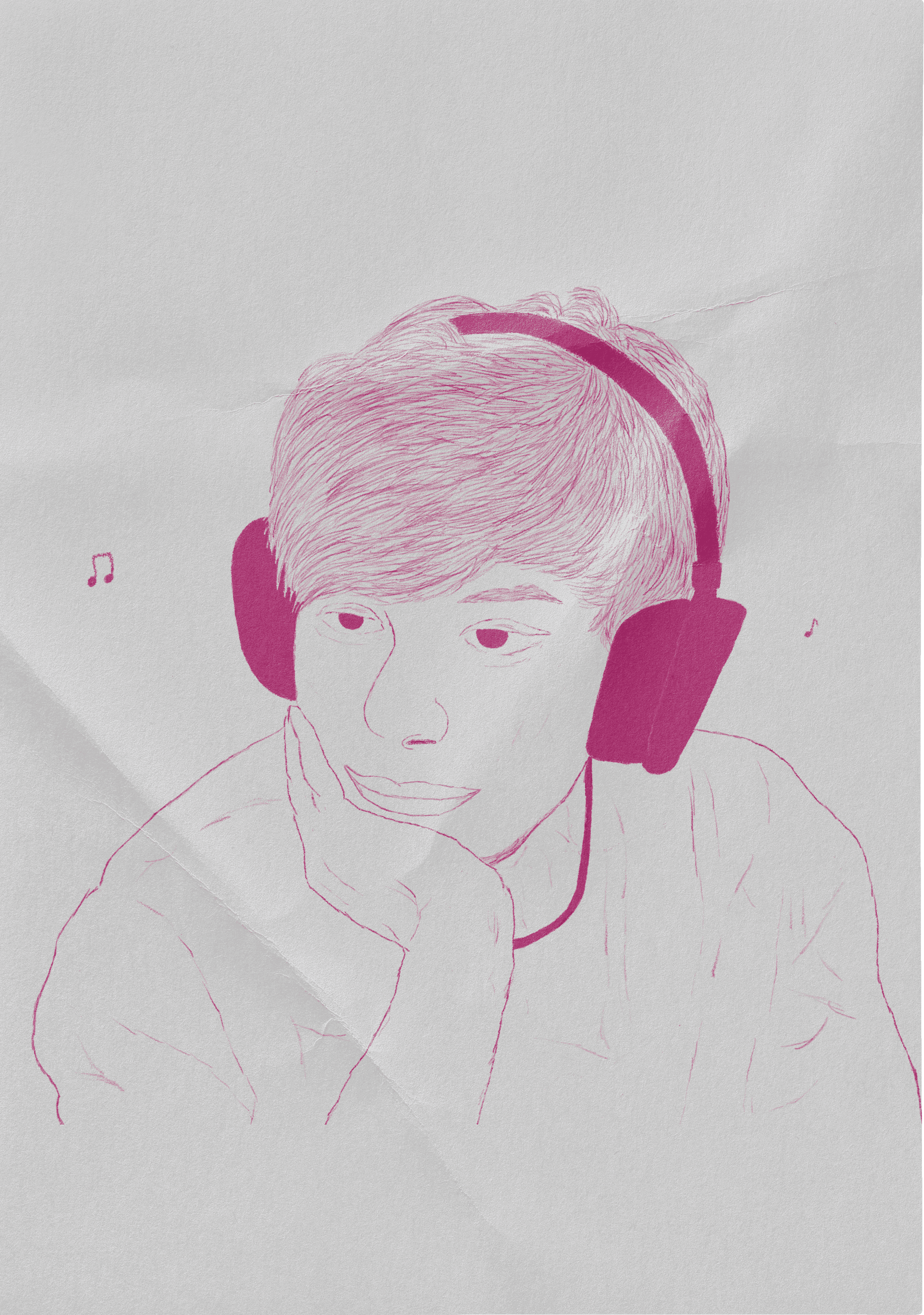 A pink drawing of streamer GeorgeNotFound on white crumpled paper.