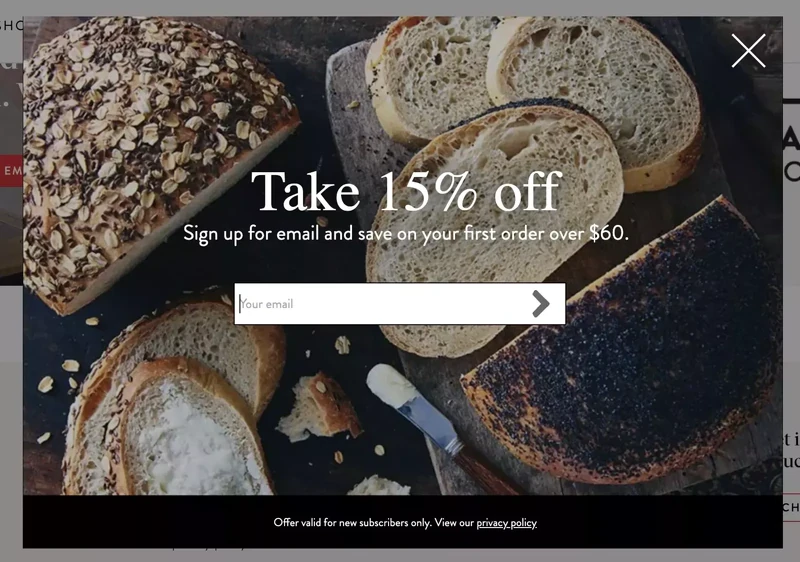 King Arthur Bakery Email Opt-in Website Pop-Up example