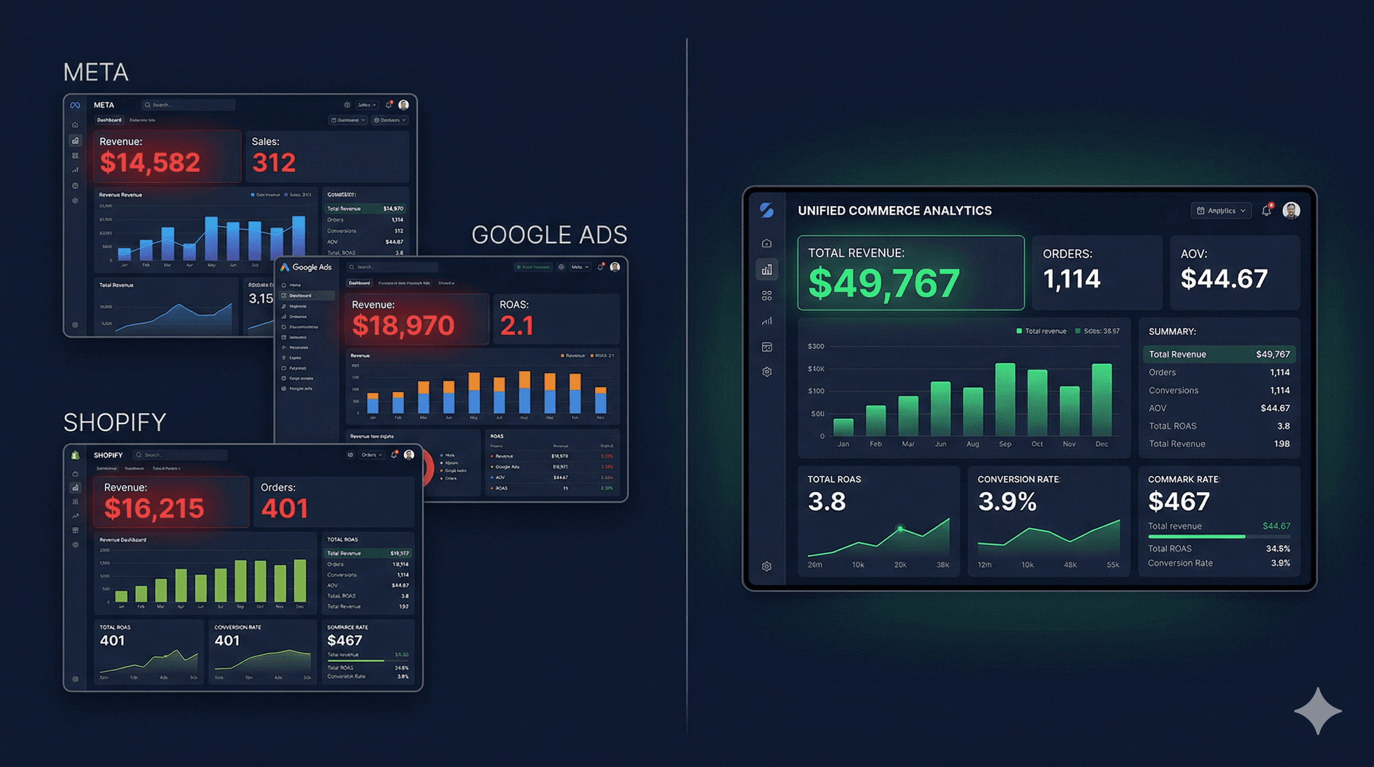 Ecommerce conversion tracking setup showing unified data across Meta, Google and Shopify