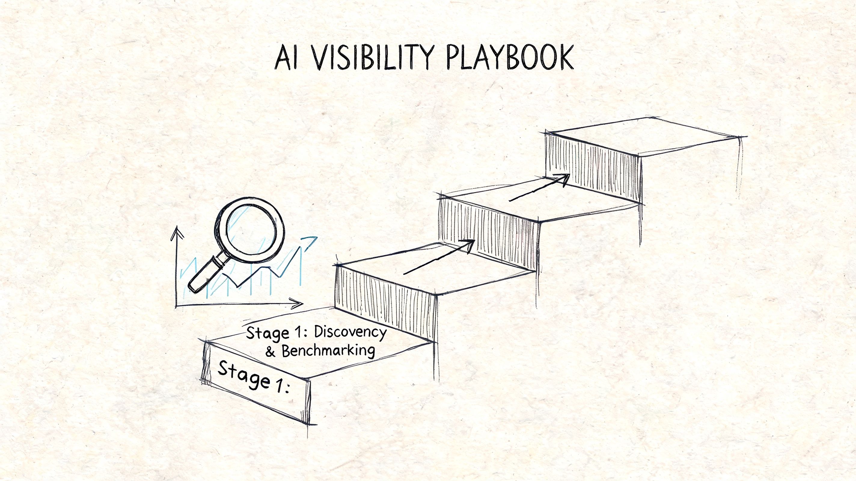 A hand-drawn illustration titled AI Visibility Playbook showing a staircase with Stage 1 Discovery and Benchmarking label.