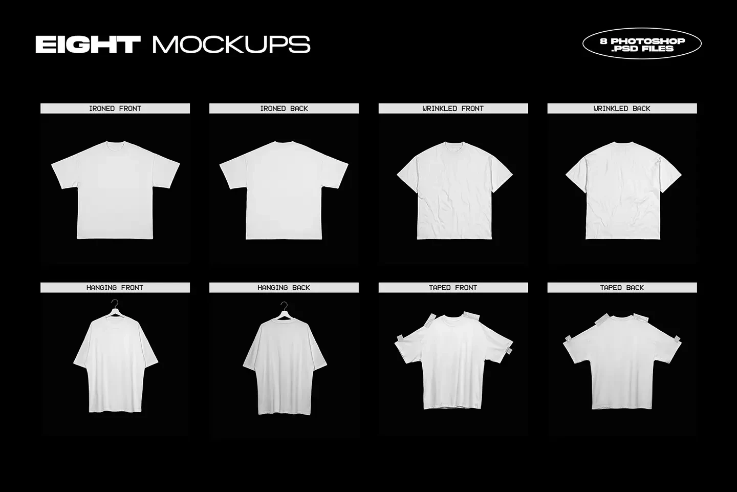 Rue Porter T-shirt mockup bundle overview with ironed, wrinkled, hanging and taped variations