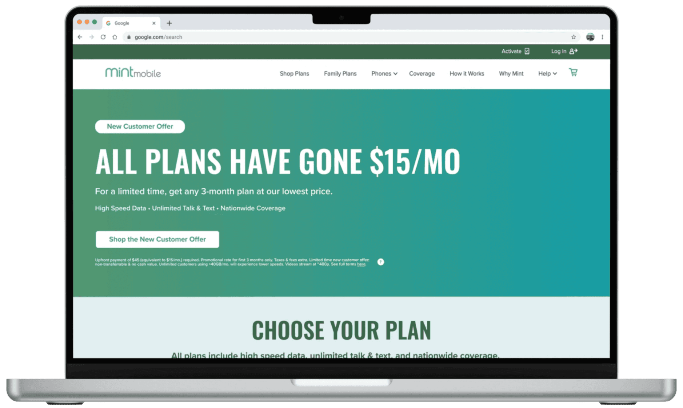 Desktop view of the header of Mint Mobile's revised plans page