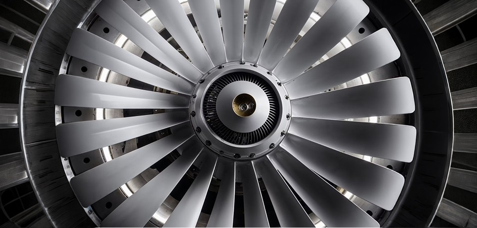 Close-up of a turbine fan with machined metal blades