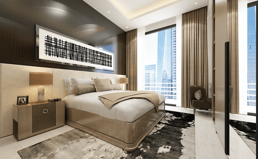 Spacious modern bedroom with a large bed and a big window, showcasing the Cloud Tower in Dubai outside.