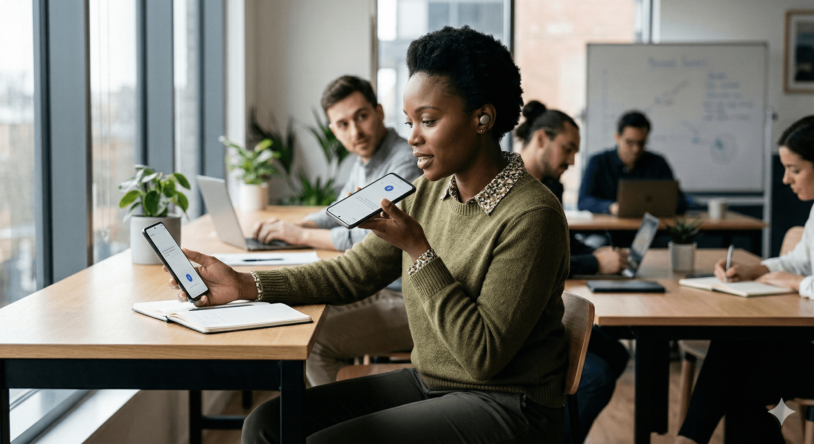 A group of professionals sitting at a modern office space, with a central person using voice-activated technology on a smartphone, illustrating the theme "Gemini Live: The Future of Natural Audio AI."