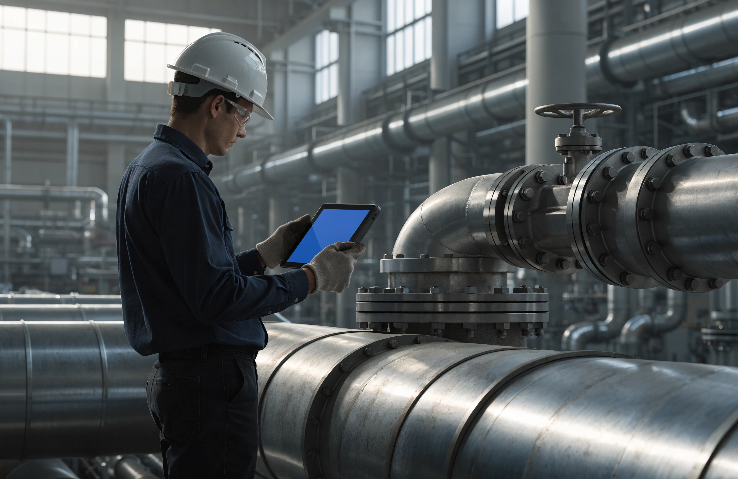 Technician using a tablet to execute a digital work package on plant equipment