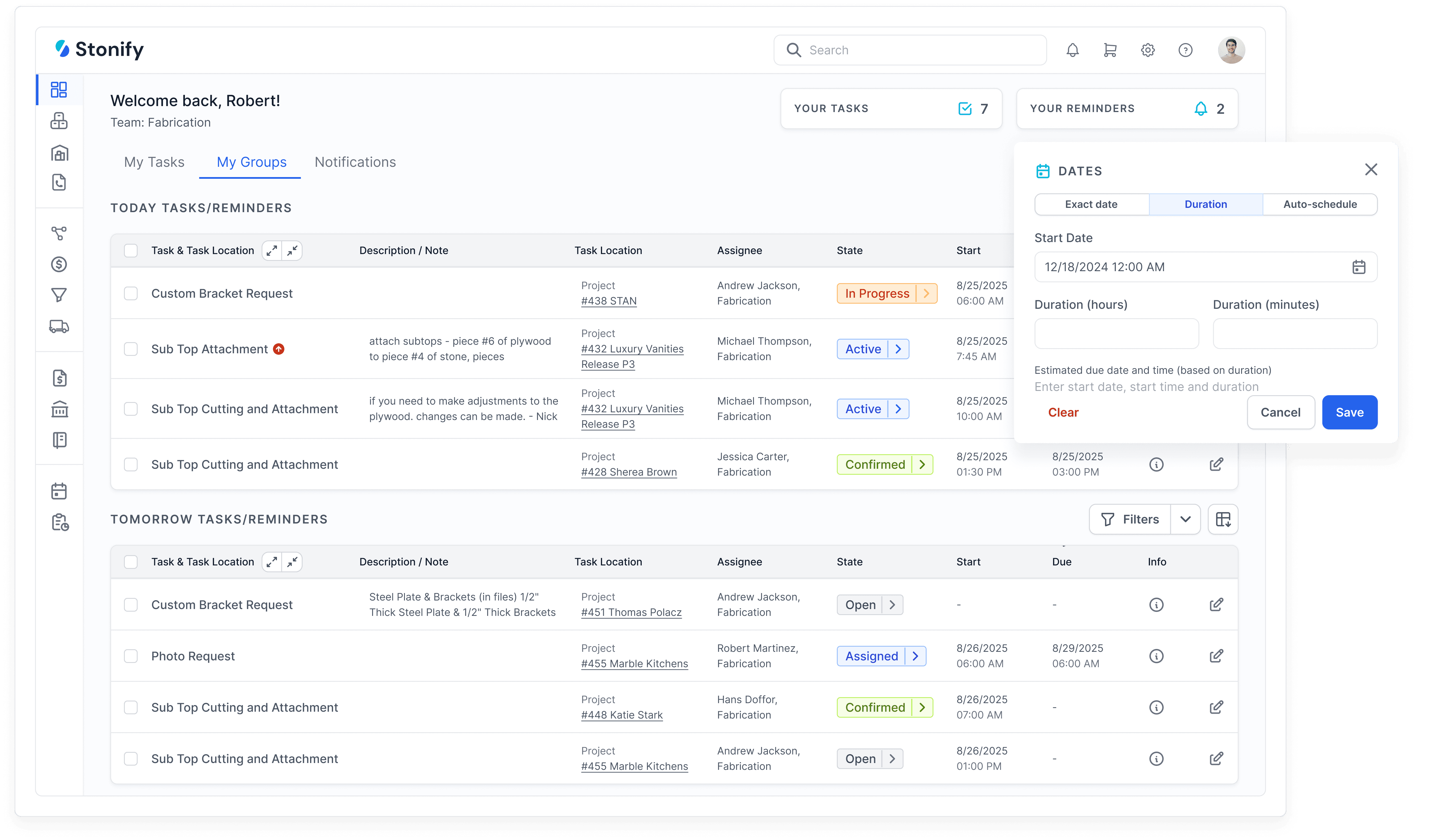 Stonify ERP dashboard showing a stone fabrication project with quotes, fabrication progress, logistics tracking, and job totals.