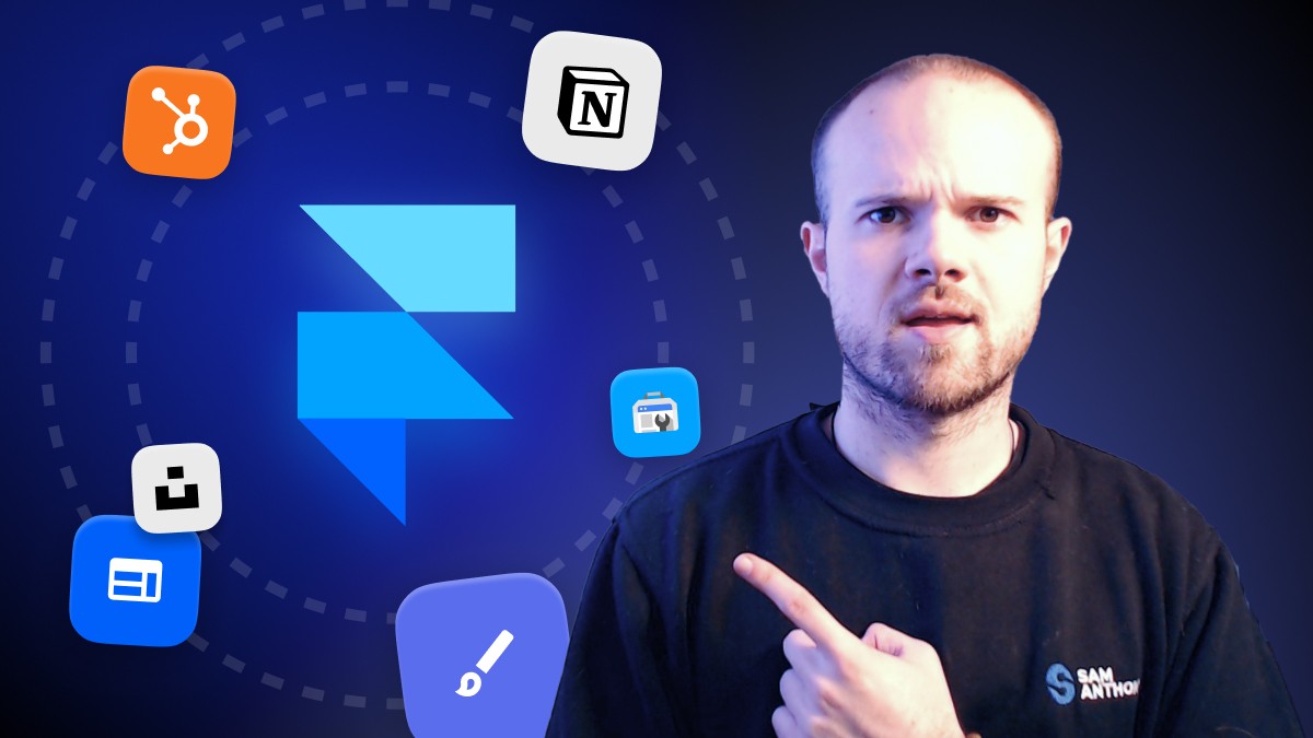 Designer Sam Anthony faces the camera pointing over his shoulder at a bunch of icons for Framer Plugins, including HubSpot, Notion and Unsplash.