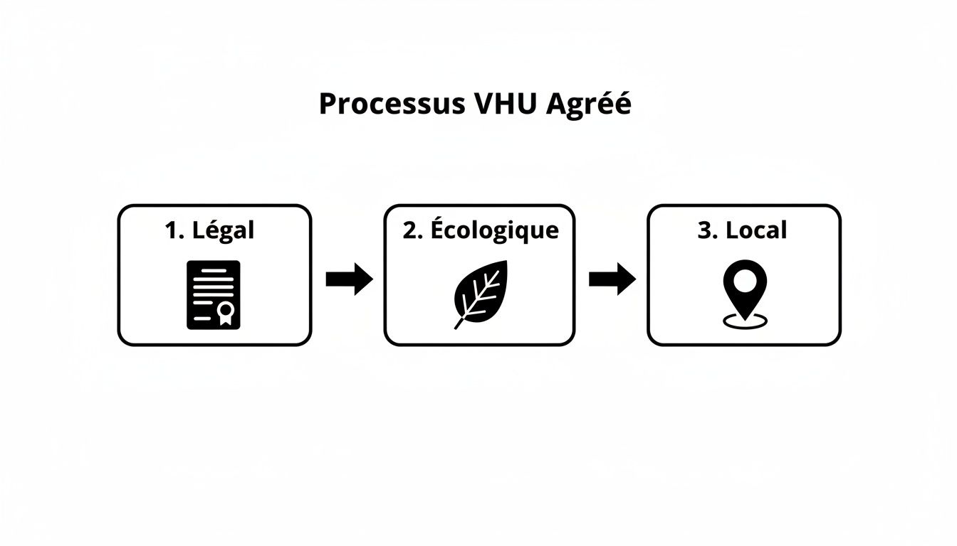Diagramme du processus agréé pour véhicules hors d'usage (VHU) montrant les étapes légale, écologique et locale avec des icônes.