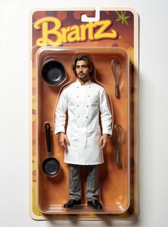 Bratz-style chef doll in box with kitchen tools, made by ai doll generator.