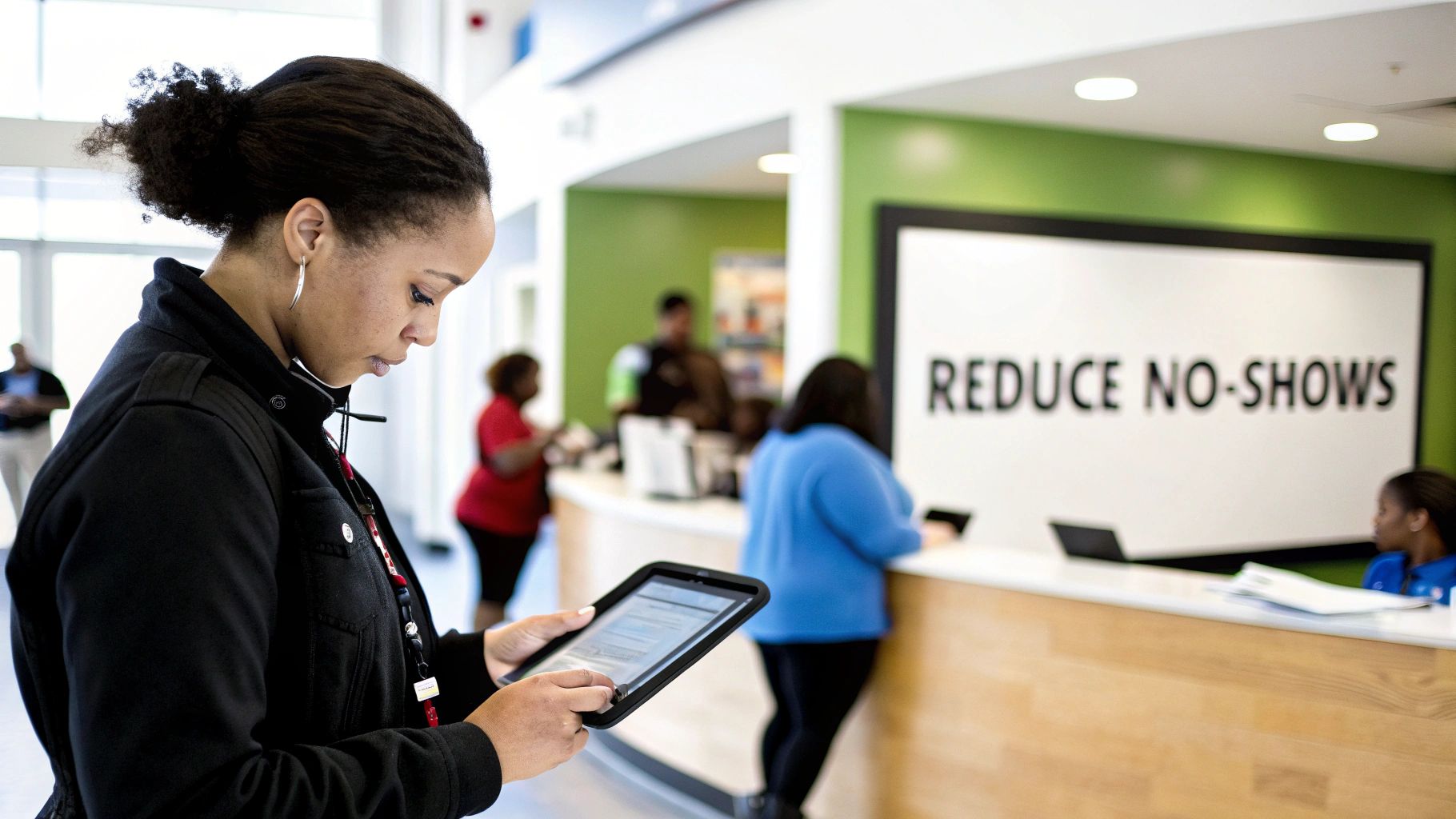 A woman uses a tablet in a busy reception area with a 'REDUCE NO-SHOWS' sign.