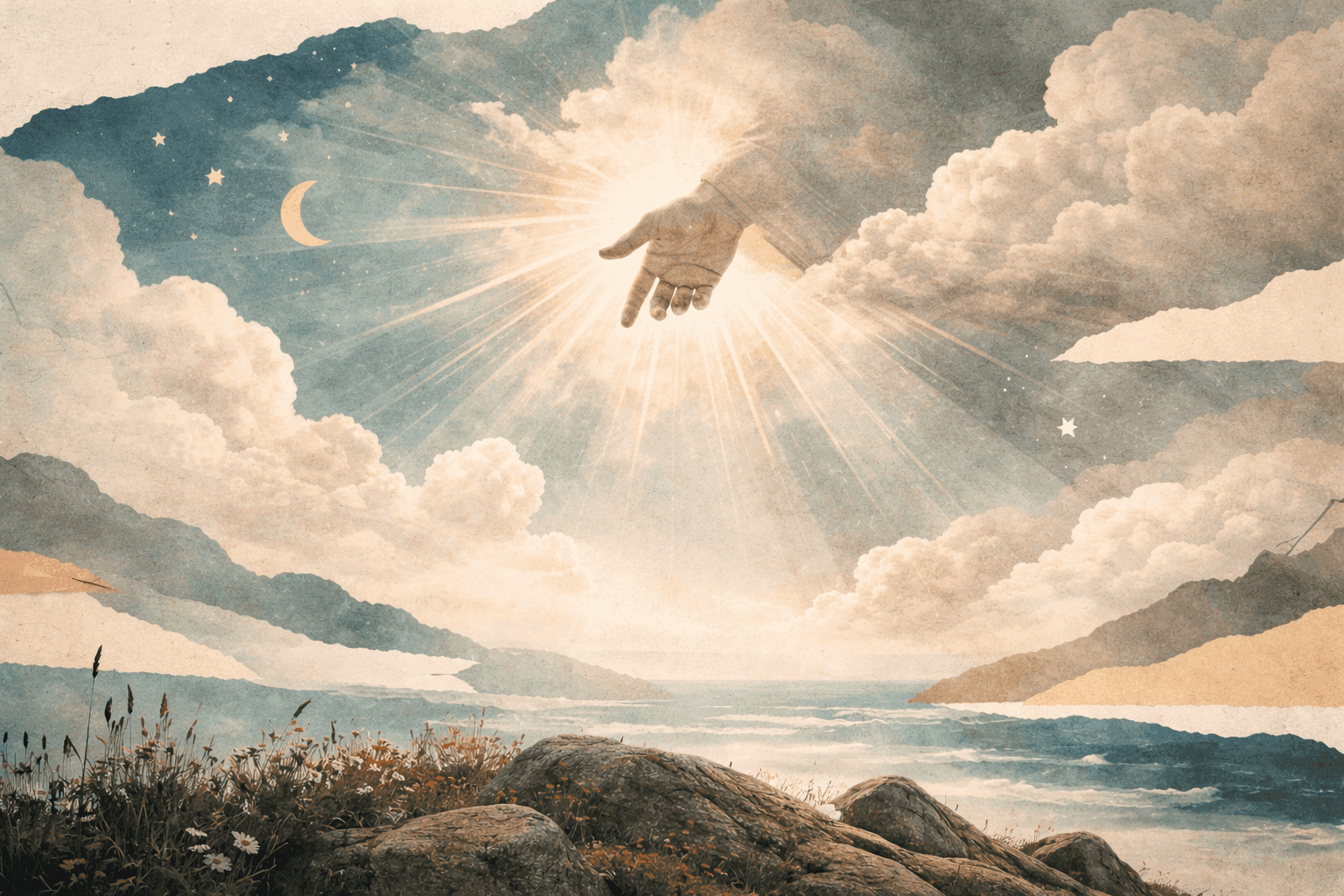 Collage-style illustration of a calm, open landscape with rocky ground and wildflowers in the foreground, misty water and distant mountains beyond, and a soft, cloud-filled sky. A glowing hand emerges from the clouds above, surrounded by gentle light, a crescent moon, and small stars, creating a quiet, contemplative atmosphere.