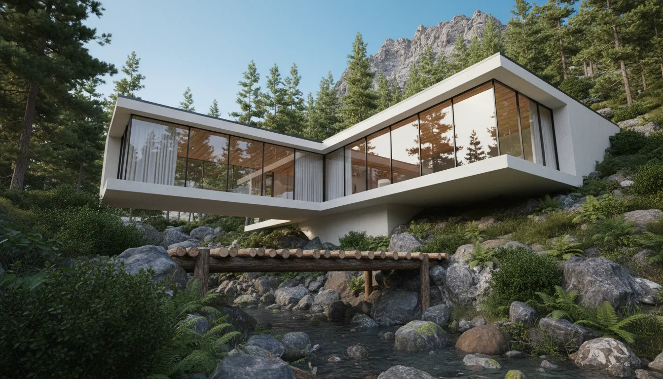 Photorealistic architectural visualization, 3D render in the style of Twinmotion or Lumion, depicting a modern angular house nestled into a rocky, forested mountainside. The building features off-white concrete walls, large floor-to-ceiling glass curtain walls with black frames, and a visible interior ceiling of warm wood planks. In the foreground, a rustic log footbridge crosses a shallow stream filled with mossy boulders. The landscape is lush with green bushes and tall pine trees under a bright, clear blue sky. The scene is lit by soft global illumination from bright daylight, creating realistic reflections on the glass and detailed textures on the rocks and foliage. Low-angle shot.