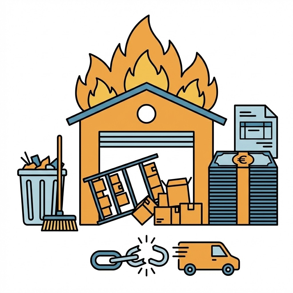 Illustration: Brennendes Lager, Geld und gebrochene Kette symbolisieren Lieferkettenunterbrechungen und finanzielle Verluste.