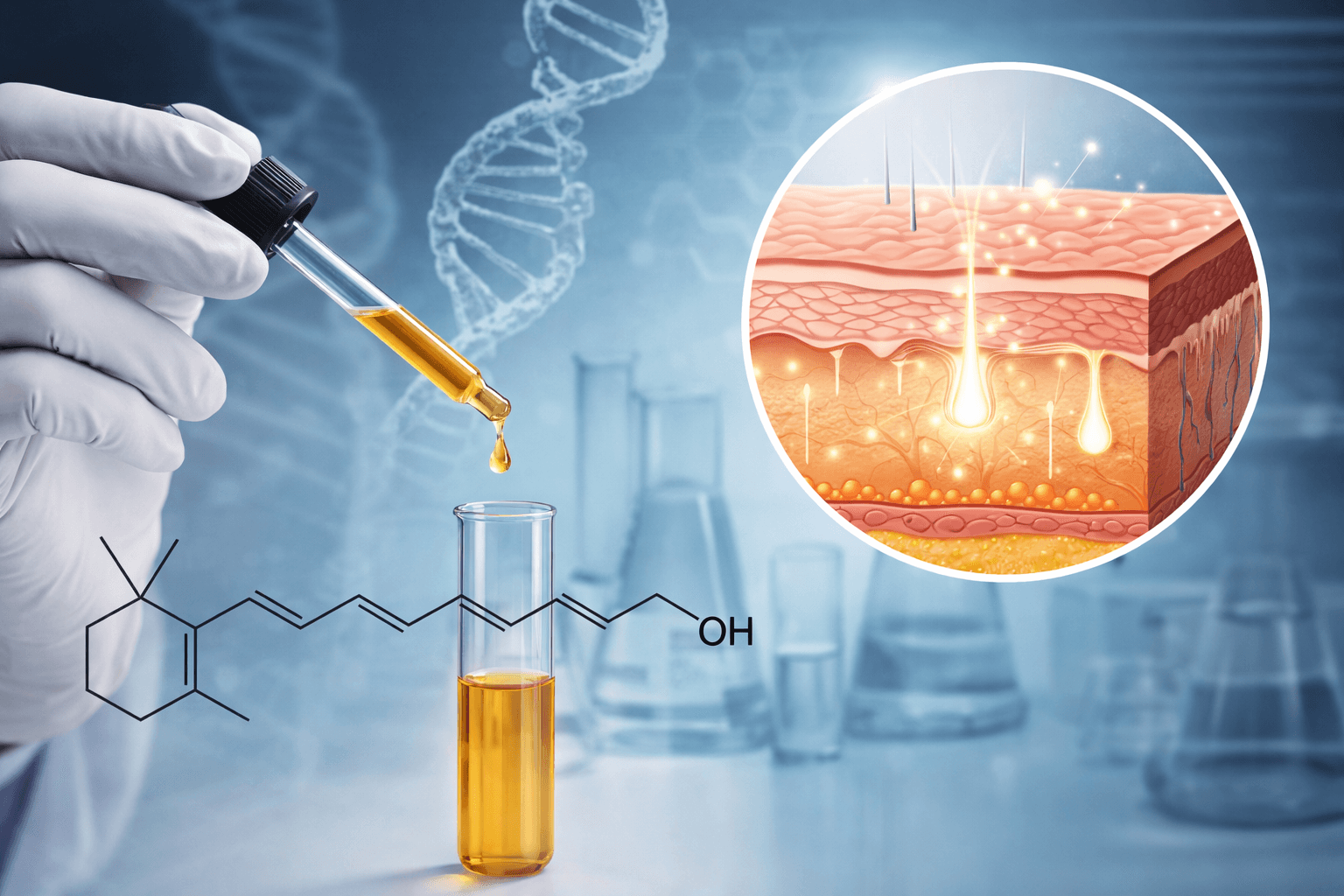 Science of skin treatment with pipette and test tube