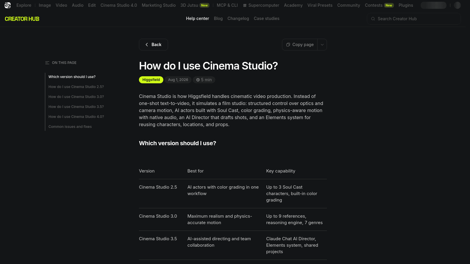 A Higgsfield Creator Hub help page explaining how to use the Cinema Studio AI video production tool.