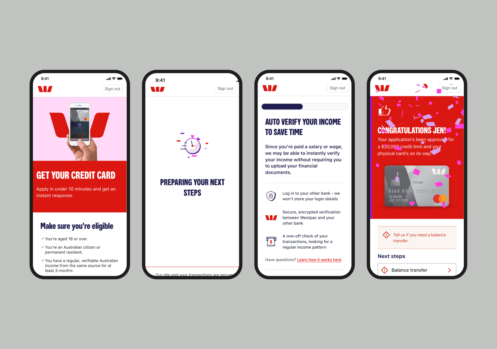 Collection of mobile screens showcasing Westpac’s credit card application screens