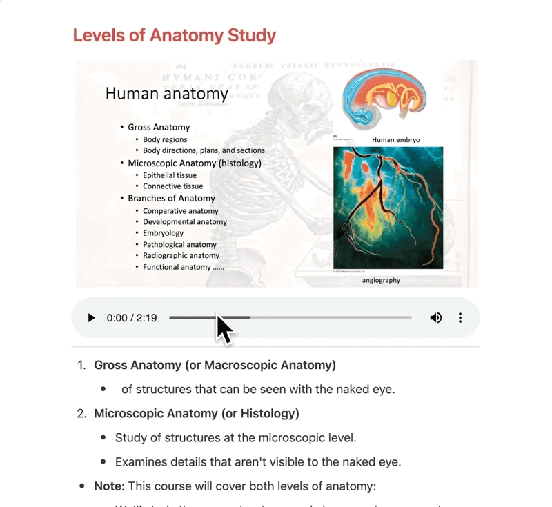 Gif of Athena's Outline+ feature whre slides, recordings, and notes are combined