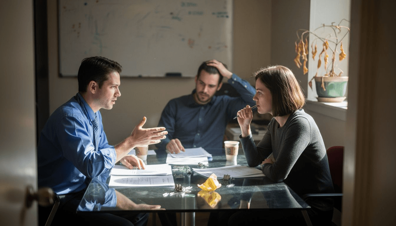 Traders discussing bias in meeting room