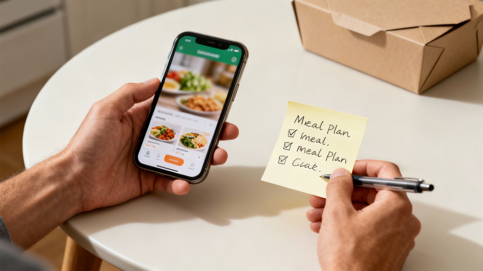 A person holds a smartphone displaying a meal planning app with healthy meals, while writing on a sticky note.