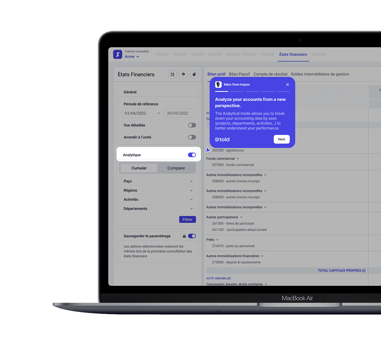 A laptop screen displaying a settings menu with a highlighted product tour in blue.