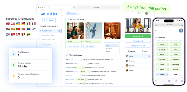edio interactive language teaching platform — virtual classroom, exercises and lesson analytics