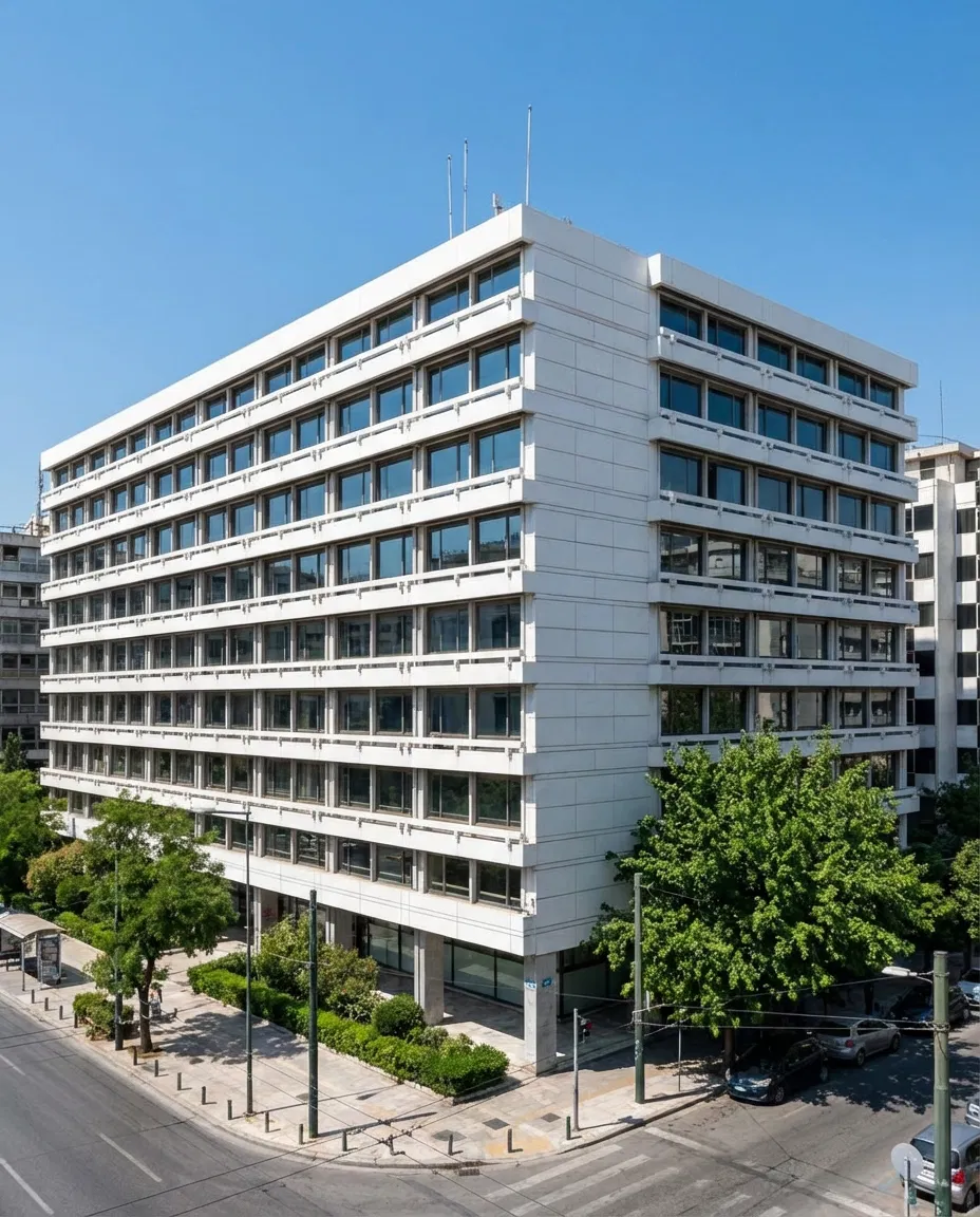 Exterior view of the Greek Ministry of Finance building.