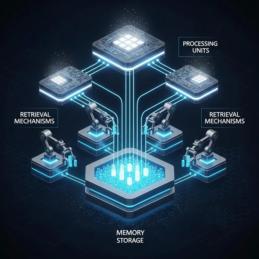 Illustration of AI memory architecture components, highlighting storage, retrieval, and processing units