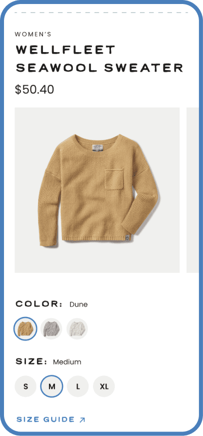 Mobile screenshot of a Levitate product page for the Wellfleet Seawool Sweater