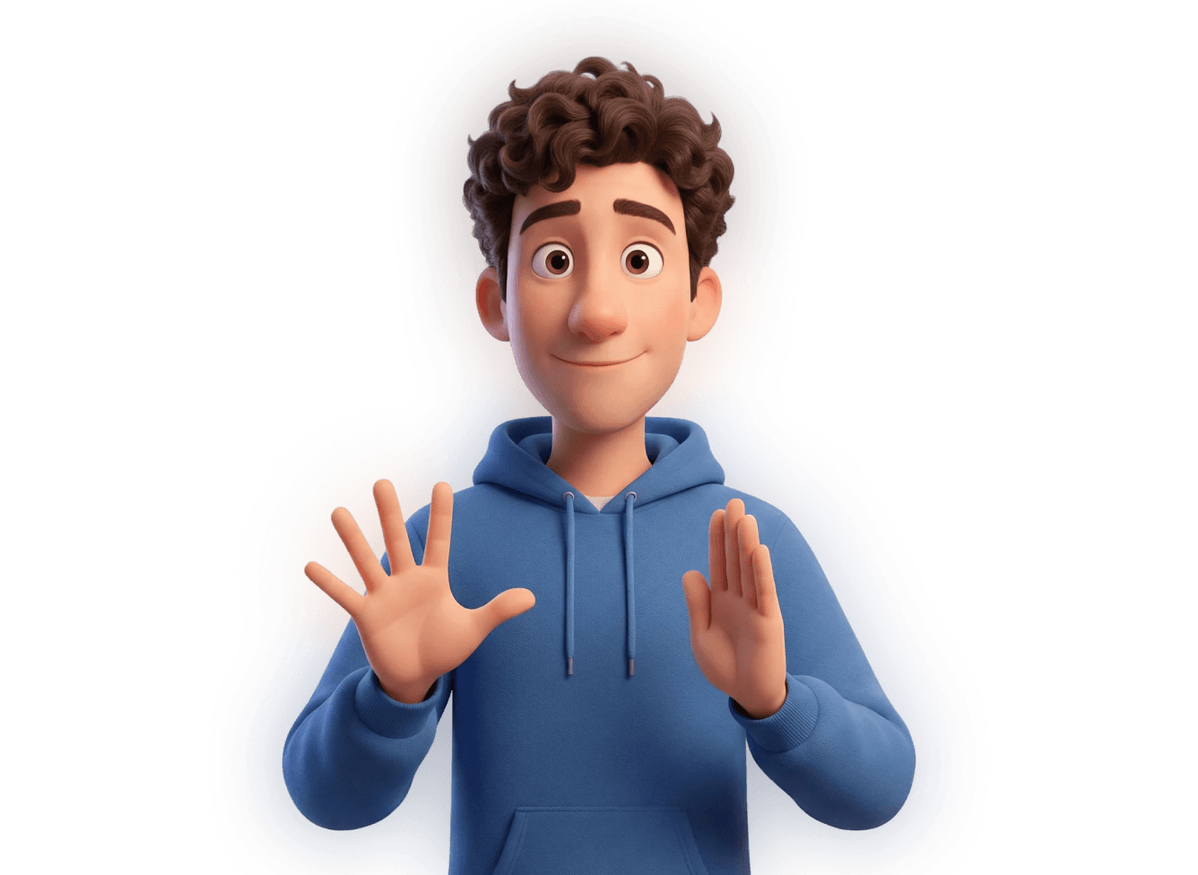 A friendly 3D animated character with curly brown hair wearing a blue hoodie, smiling and holding both hands up with open palms.