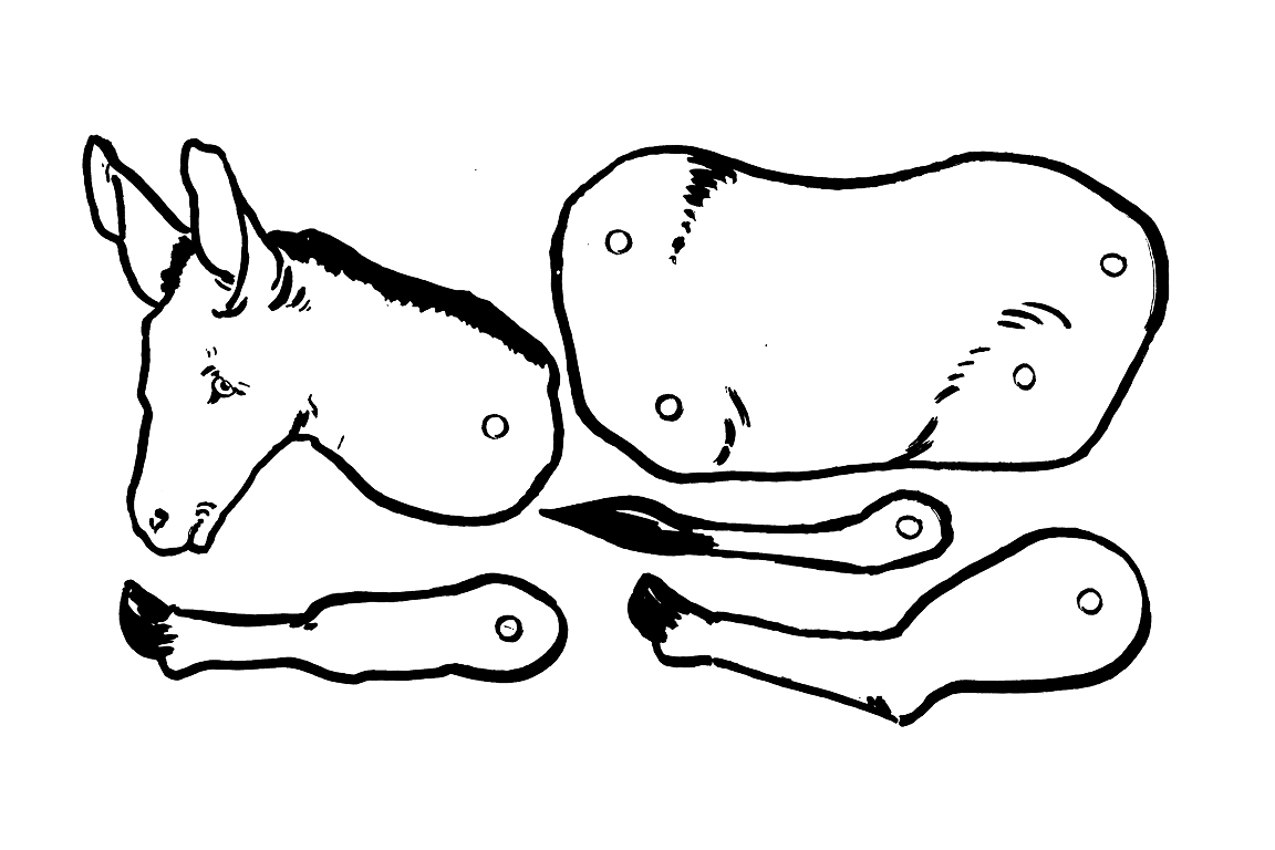 Illustration of a flat, paper donkey laid out in separate parts like a vintage cut-out toy. Small holes mark joints and fold points. The drawing mirrors the minimal, delicate graphic style of FEVVERS perfume labels.