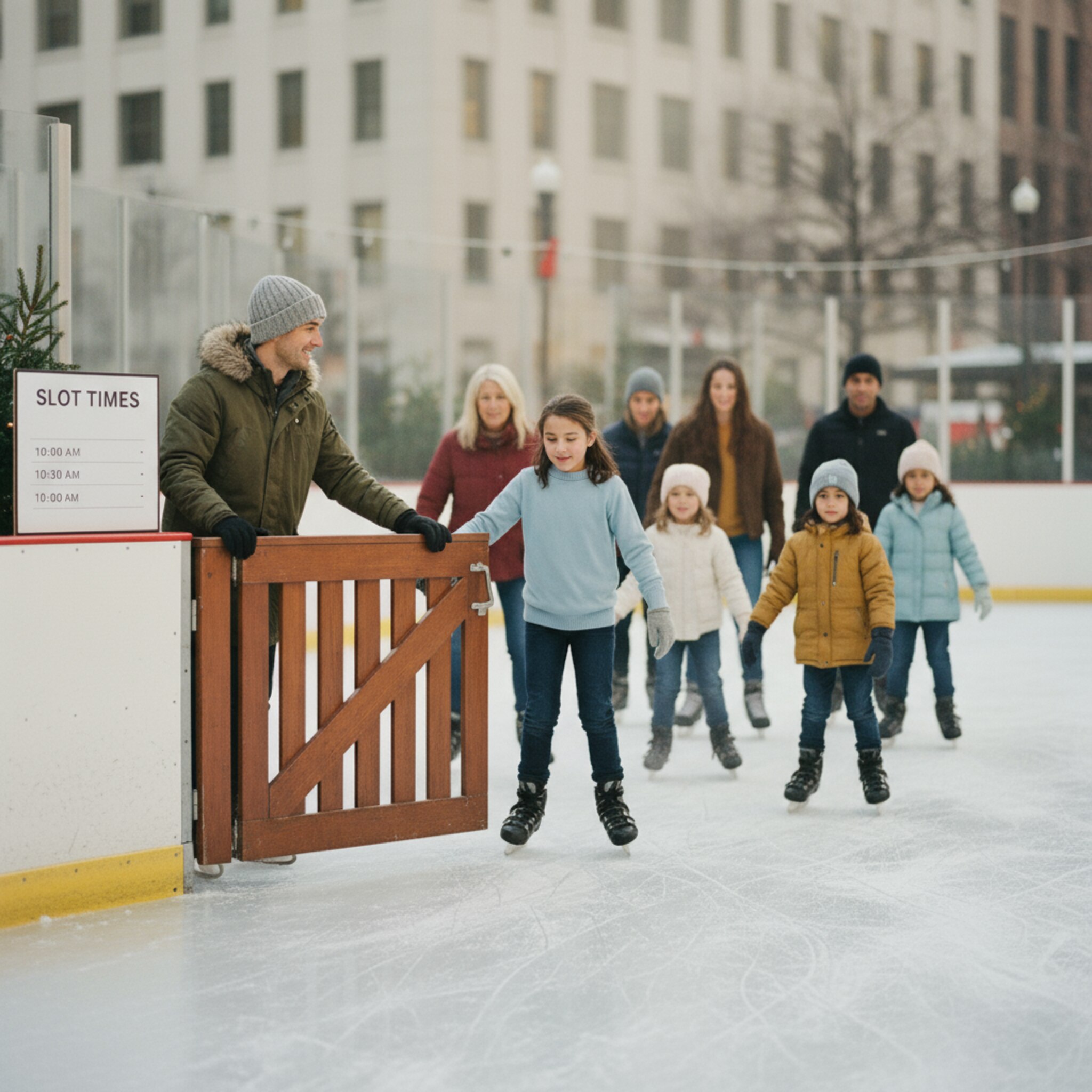 Ein freundlicher Mitarbeiter öffnet eine Absperrung, eine Gruppe fährt geordnet aufs Eis. Die Bewegungen sind fließend, die Stimmung gelöst. Ein Schild mit Slot-Zeiten hängt unaufdringlich daneben. Alles wirkt vorbereitet, ohne Hektik.
