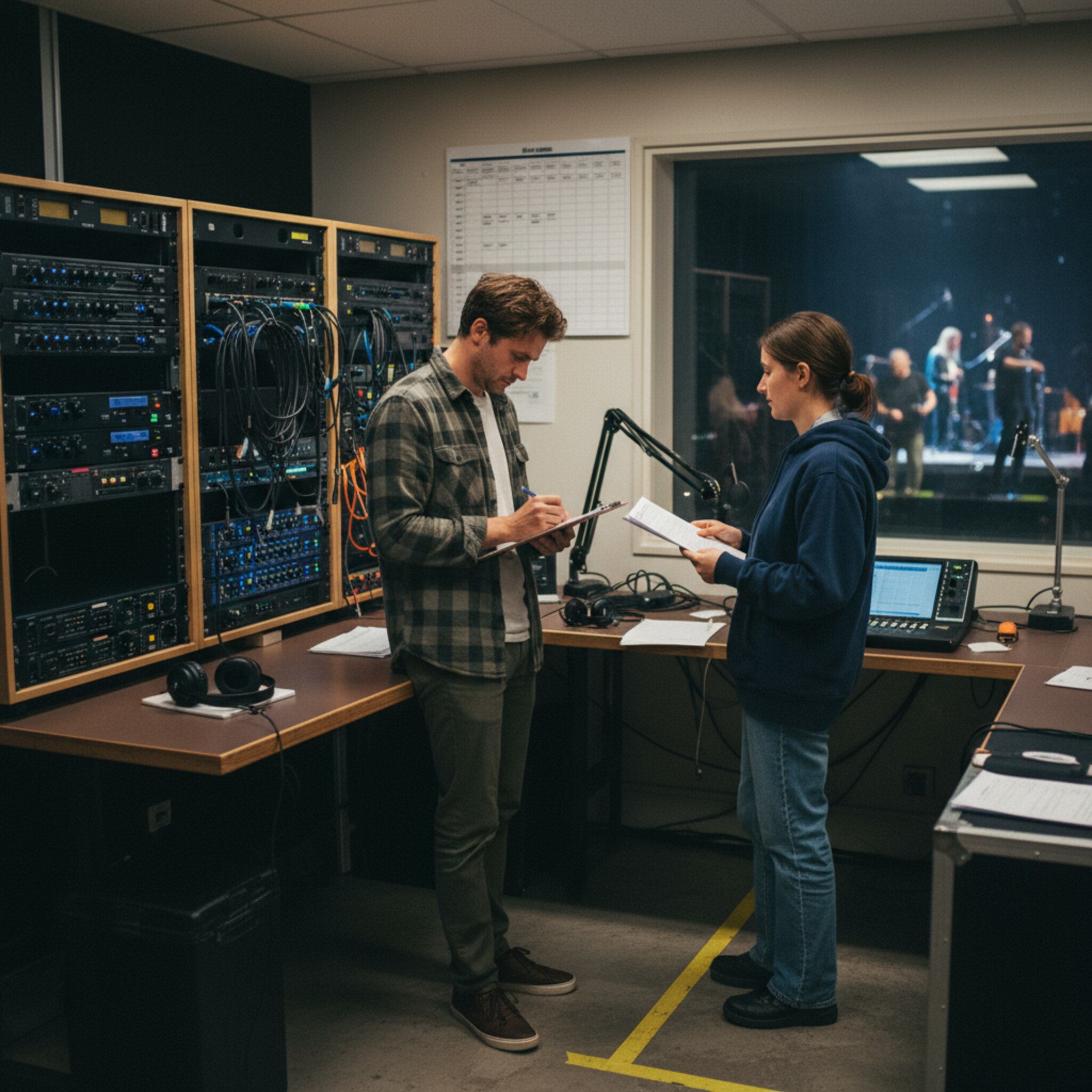 Im Regieraum notiert ein Teammitglied Zahlen auf einem Klemmbrett, während aus der Halle der Soundcheck klingt. Eine Kollegin prüft die nächsten Programmpunkte und nickt ihrem Team zu. Alles wirkt transparent, dokumentiert und bereit für den Showstart.