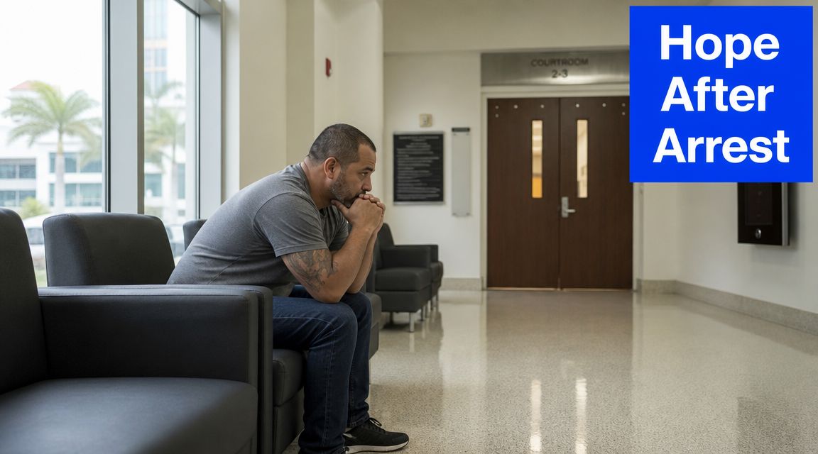 A concerned man sits alone on a chair in a quiet courthouse waiting room hallway.