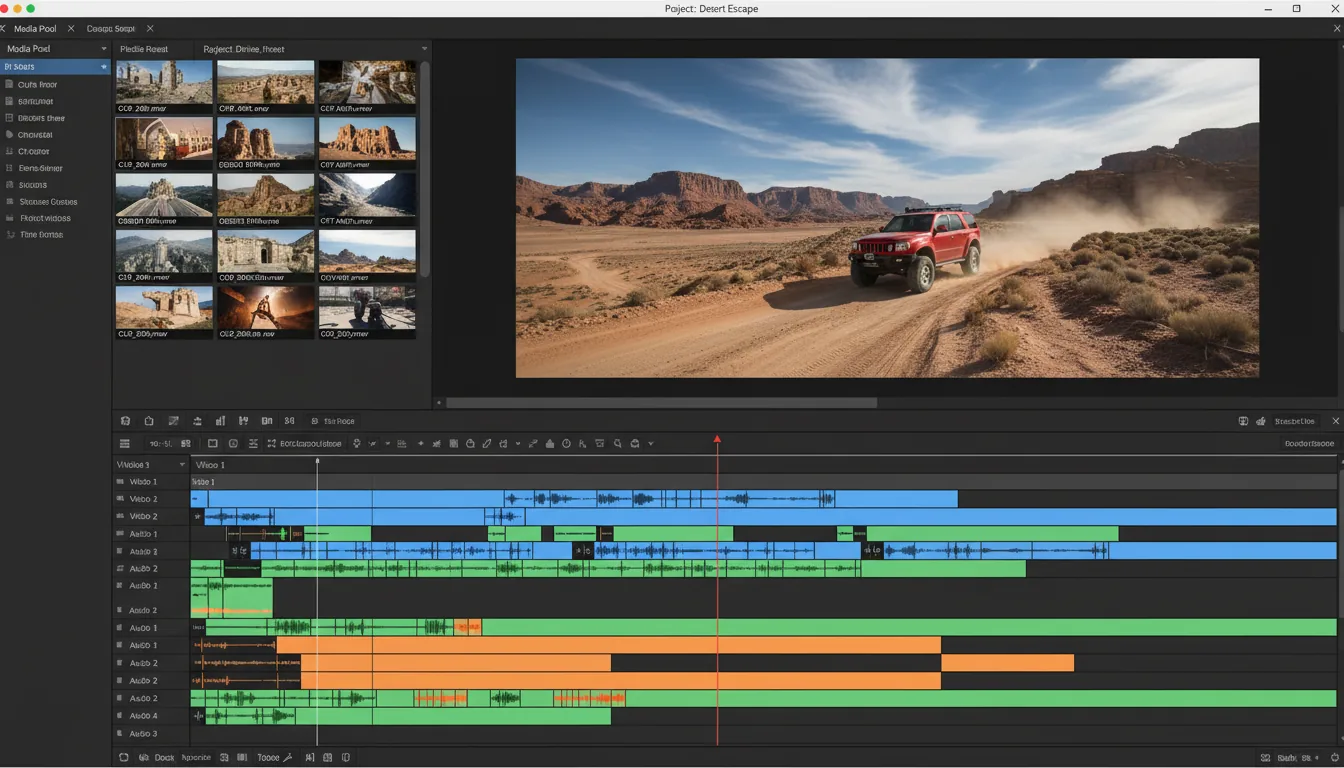 Screenshot of the DaVinci Resolve video editing software interface in Modern Dark Mode. The layout features a left sidebar with a Media Pool displaying a grid of video thumbnails. A large video preview monitor on the right shows a cinematic shot of a red SUV on a dirt road in a barren, rocky landscape. The bottom half is a complex multi-track editing timeline with blue, green, and orange placeholder clips, audio waveforms, and UI elements.