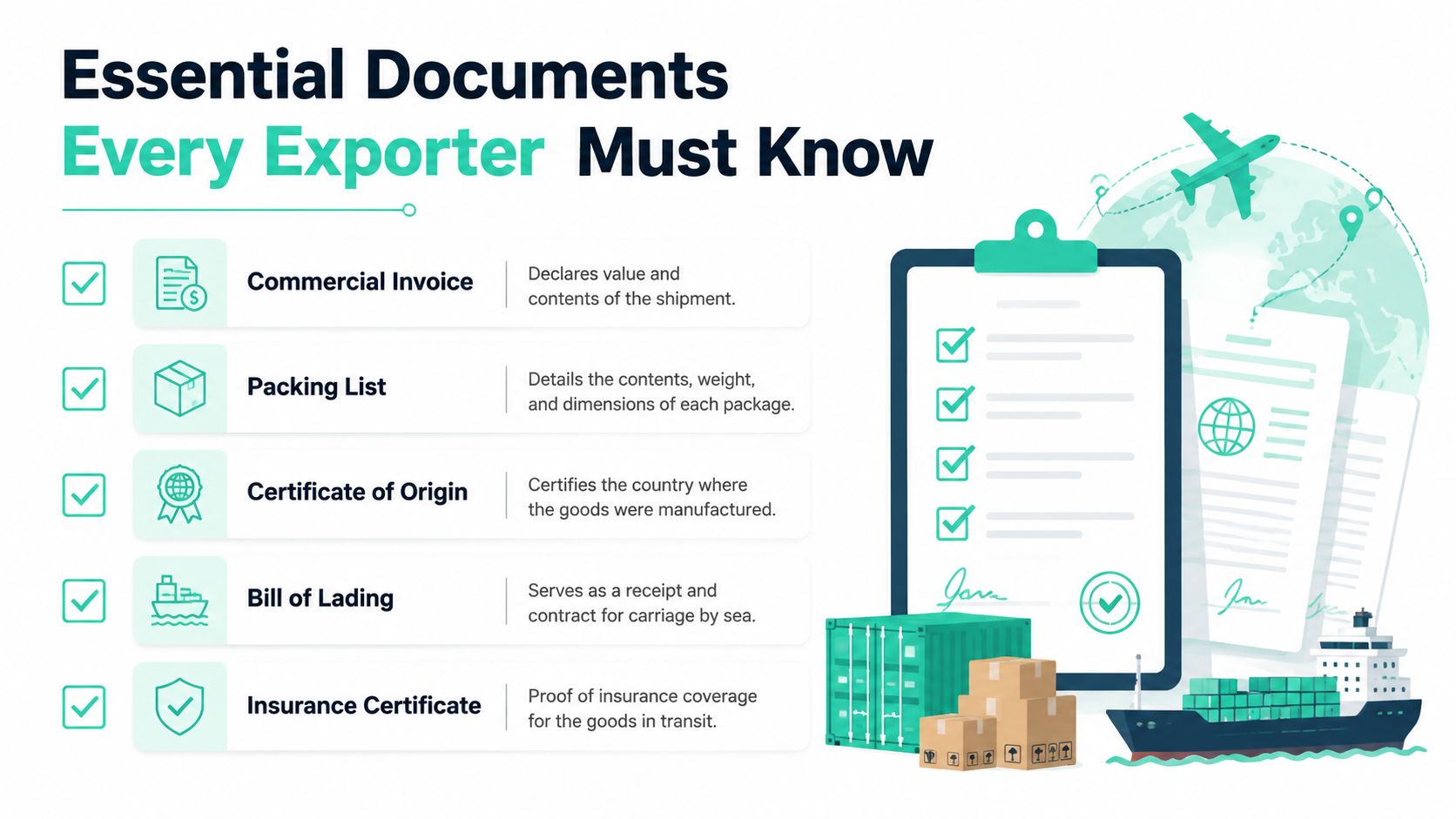 An infographic list outlining five essential shipping documents every exporter must know for international trade.