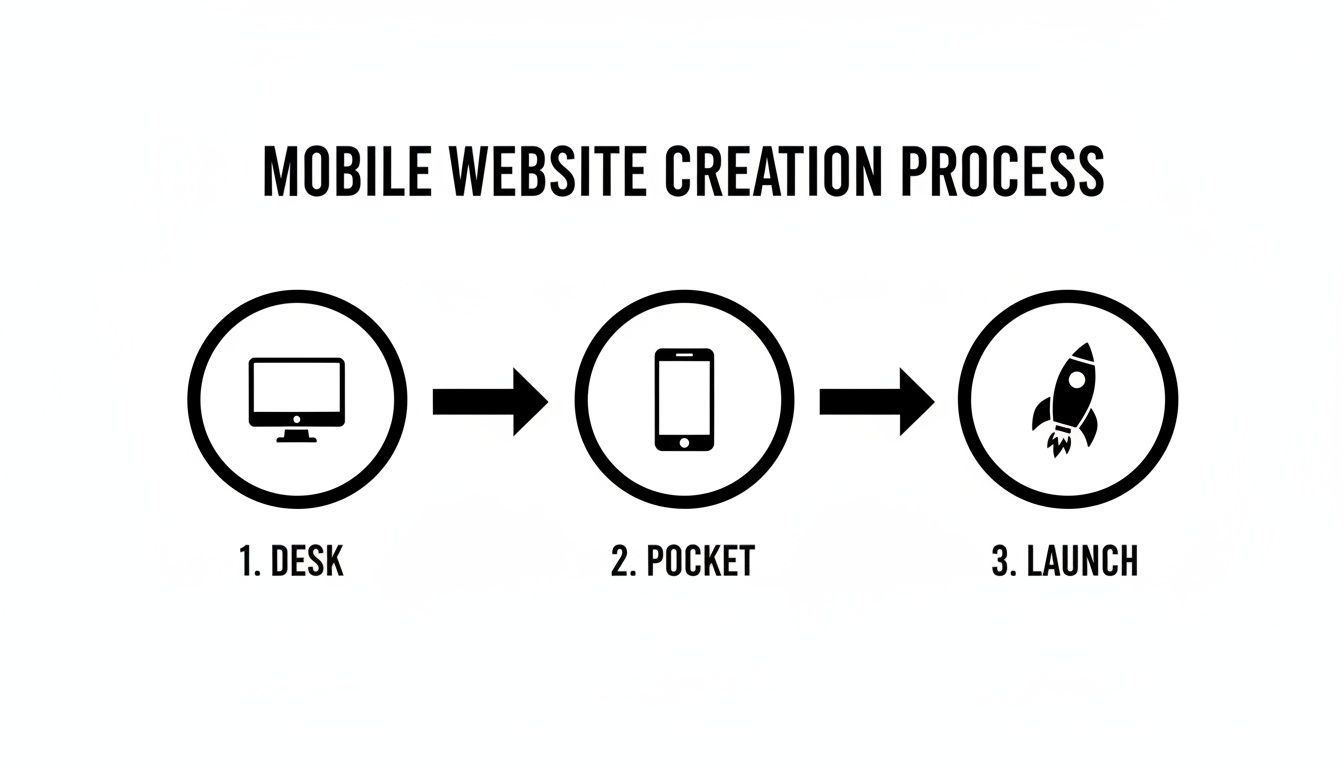 Visual process flow for mobile website creation, showing steps from desktop design to mobile optimization and launch.