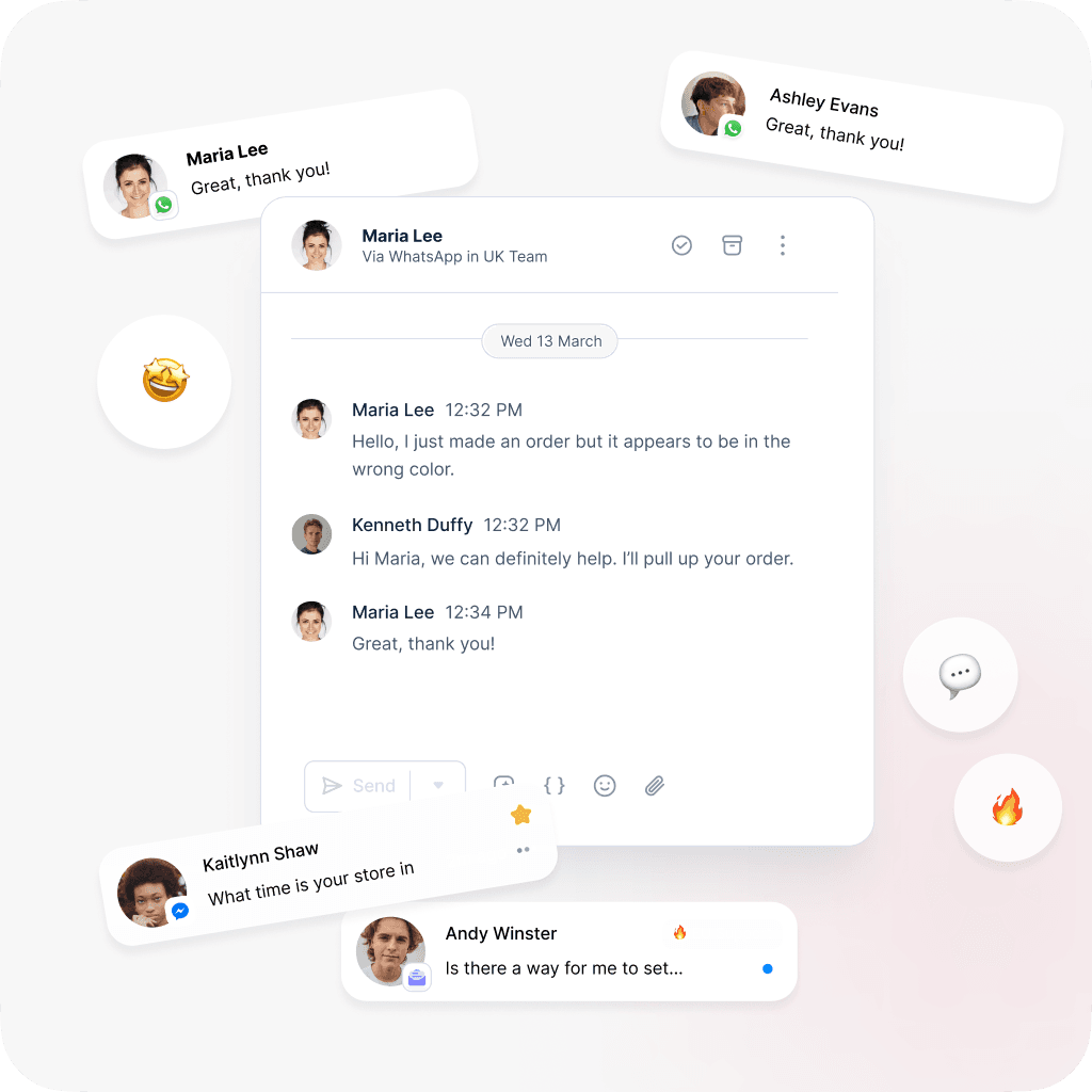 UI of a conversation between a support agent and a customer with other incoming messages of other conversations