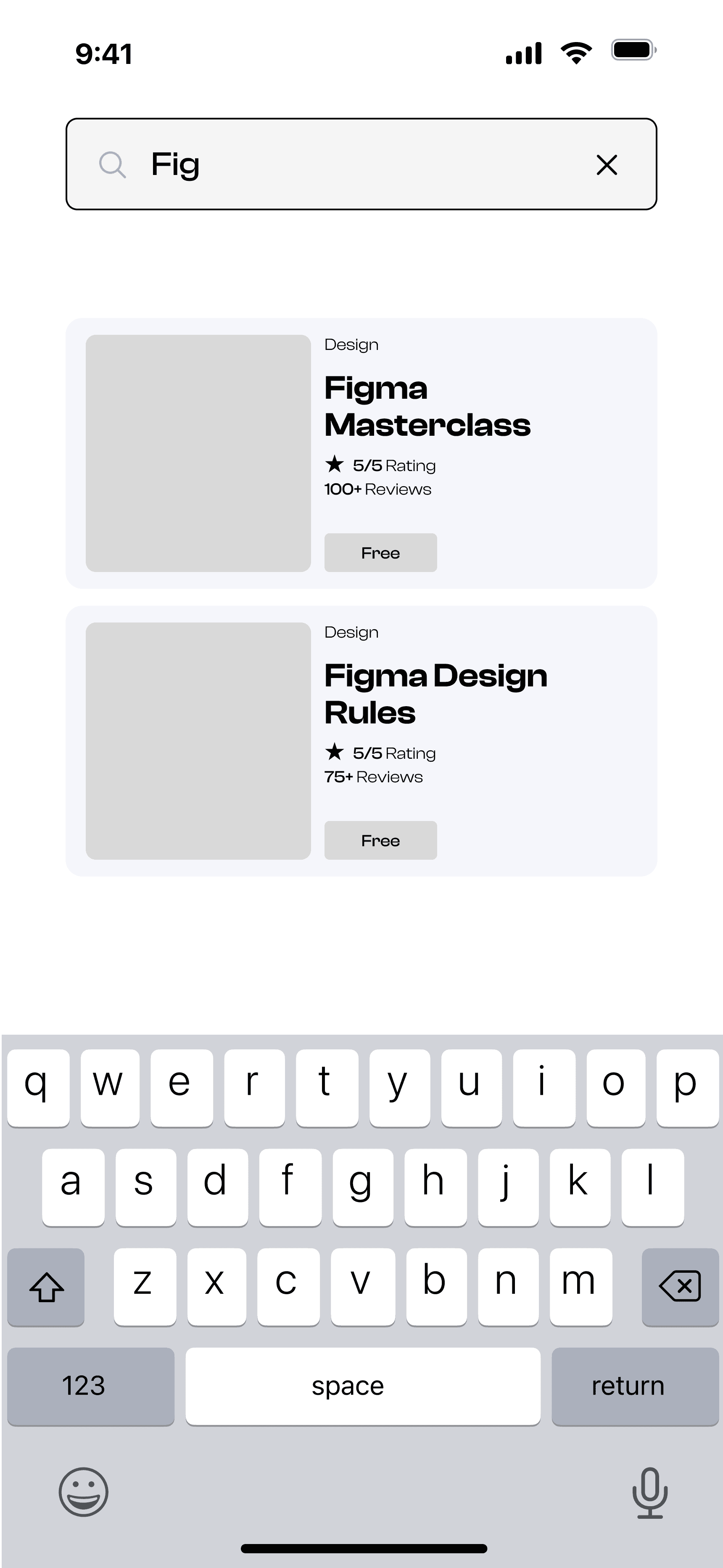 Search interface displaying results for "Fig" with courses titled "Figma Masterclass" and "Figma Design Rules" on a mobile screen.