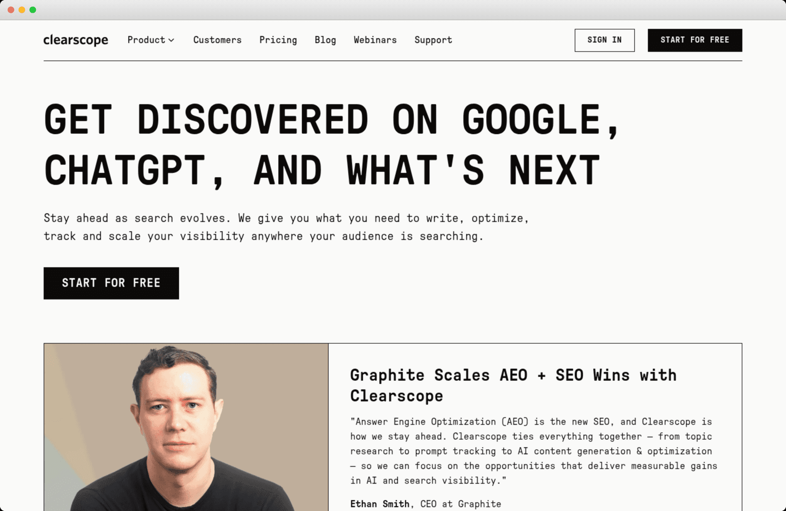Clearscope homepage, Get discovered on Google, ChatGPT hero
