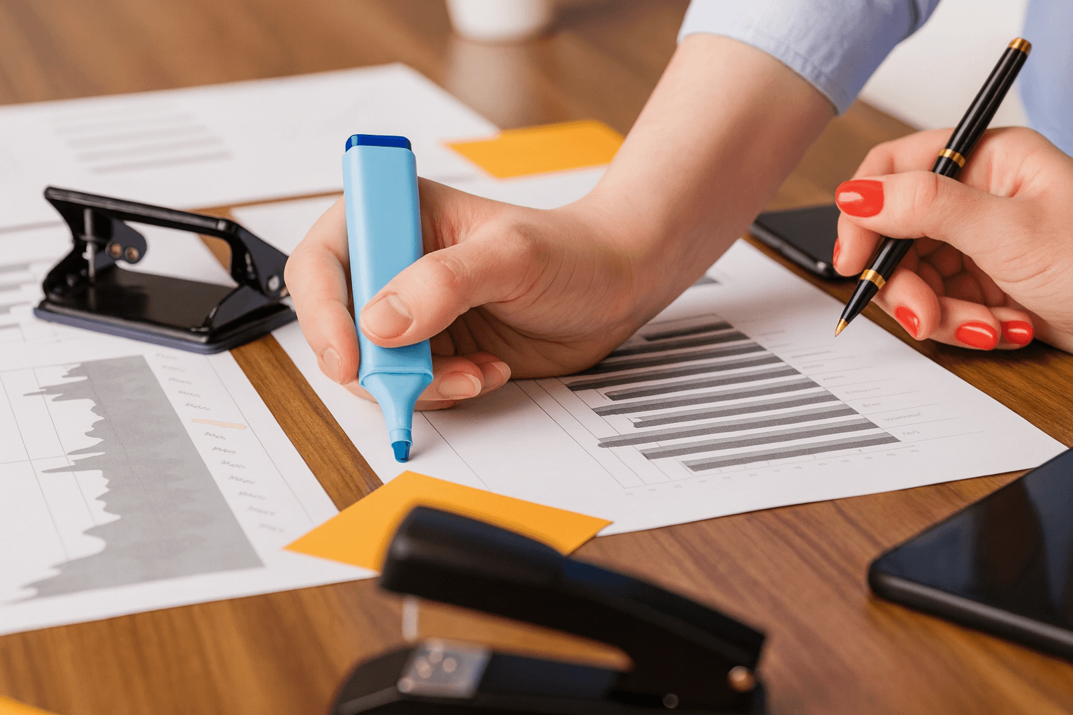 Une main utilisant un surligneur et une autre tenant un stylo pour travailler sur des graphiques et des documents, illustrant la gestion autonome de la logistique et des commandes dans le modèle Fulfillment by Merchant (FBM).