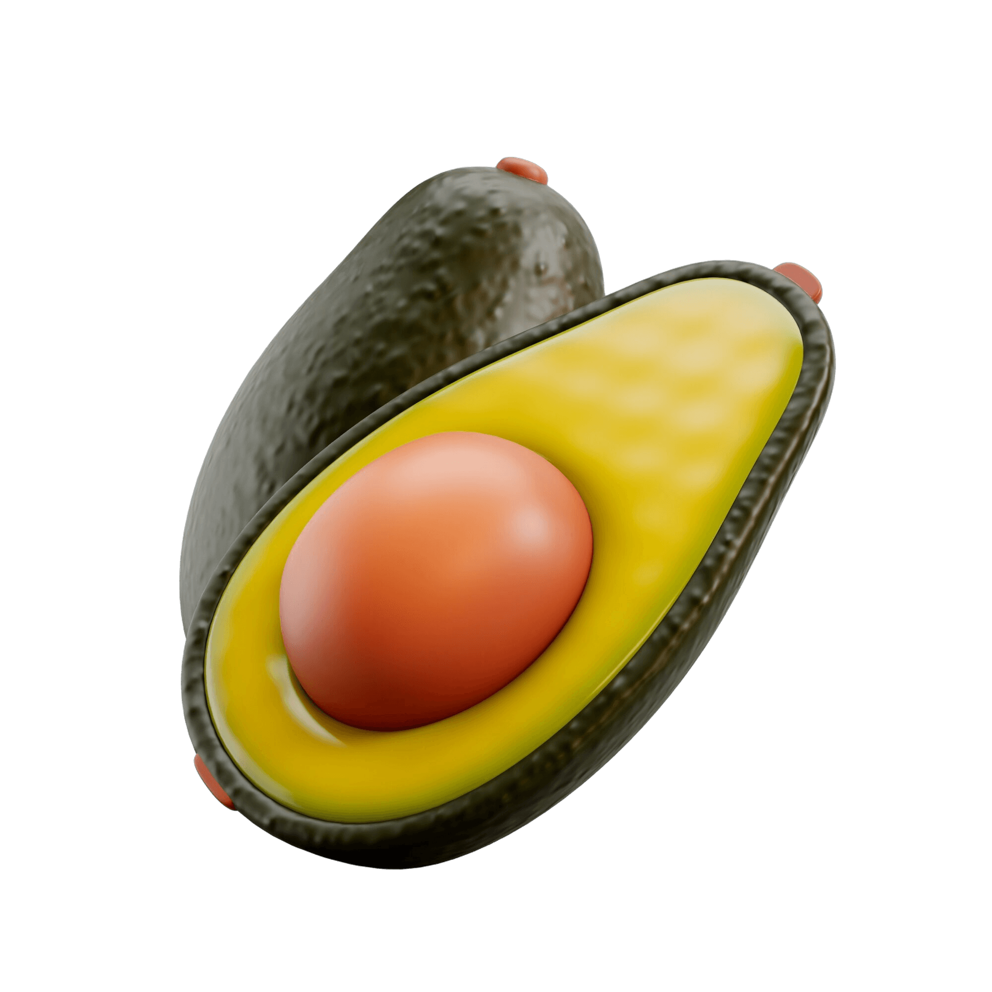 A whole and a halved cartoon avocado with a large pit.
