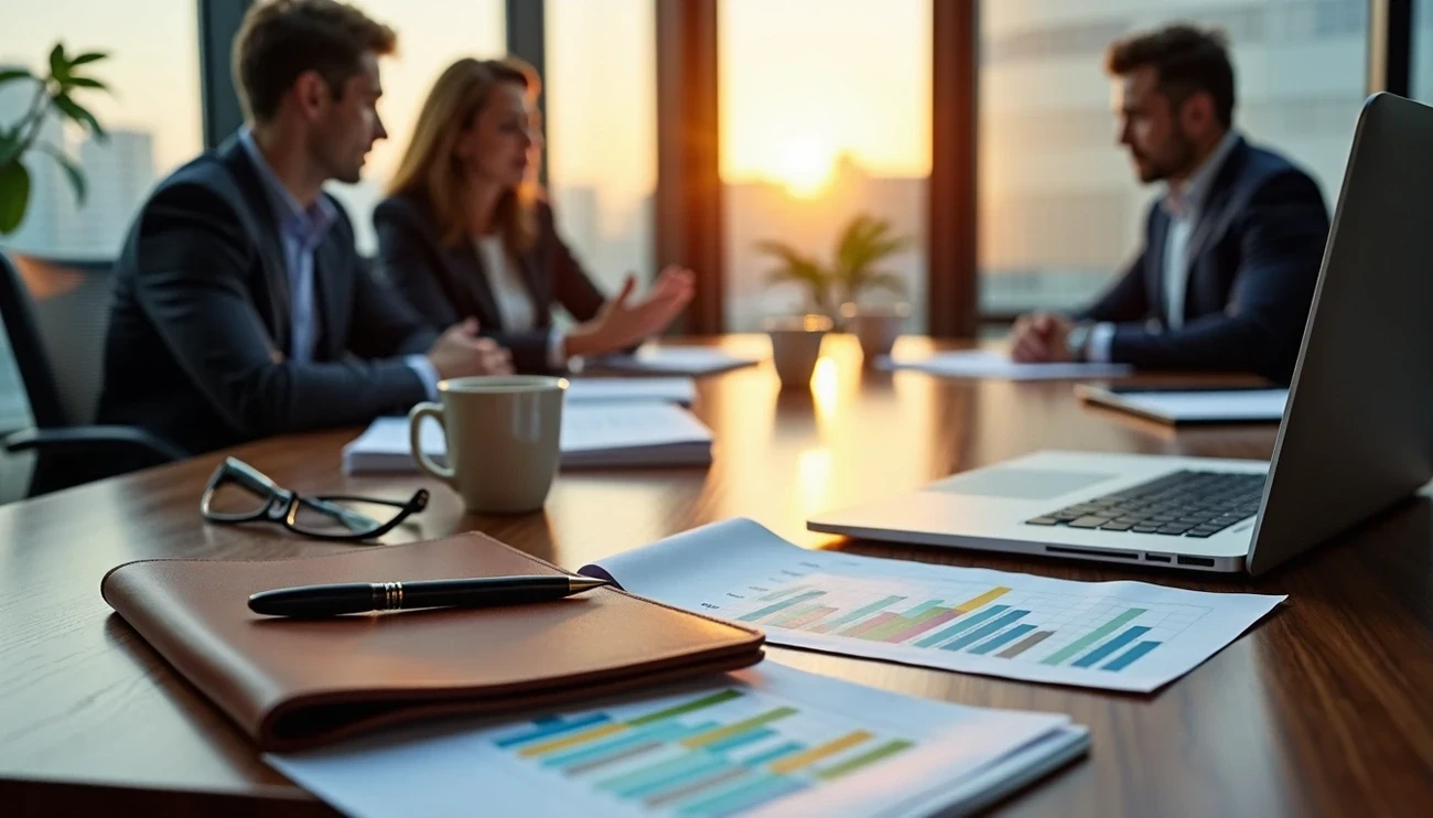 Business professionals discussing venture capital decisions with charts and laptop on a conference table at sunset.