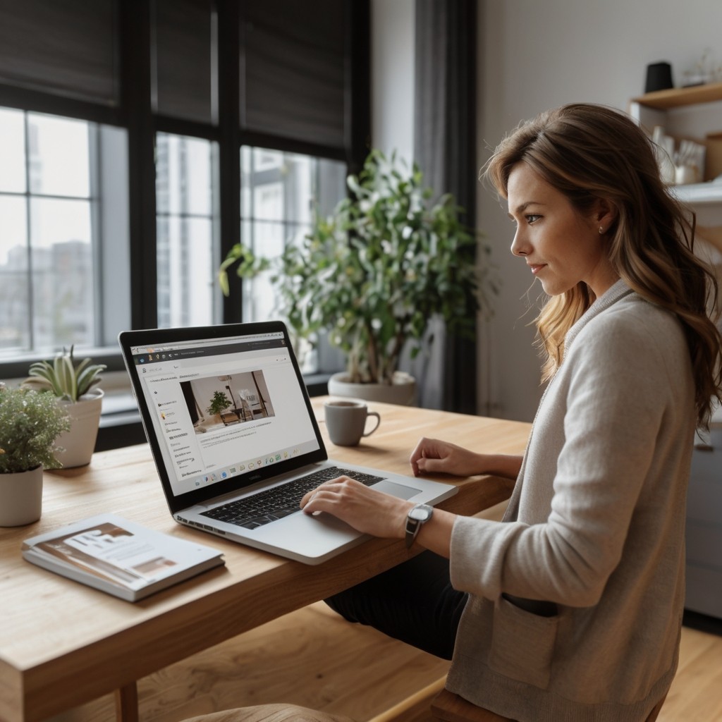 Persona en un espacio acogedor trabajando en laptop, representando el proceso de análisis, generación de contenido y optimización continua mediante IA para redes sociales